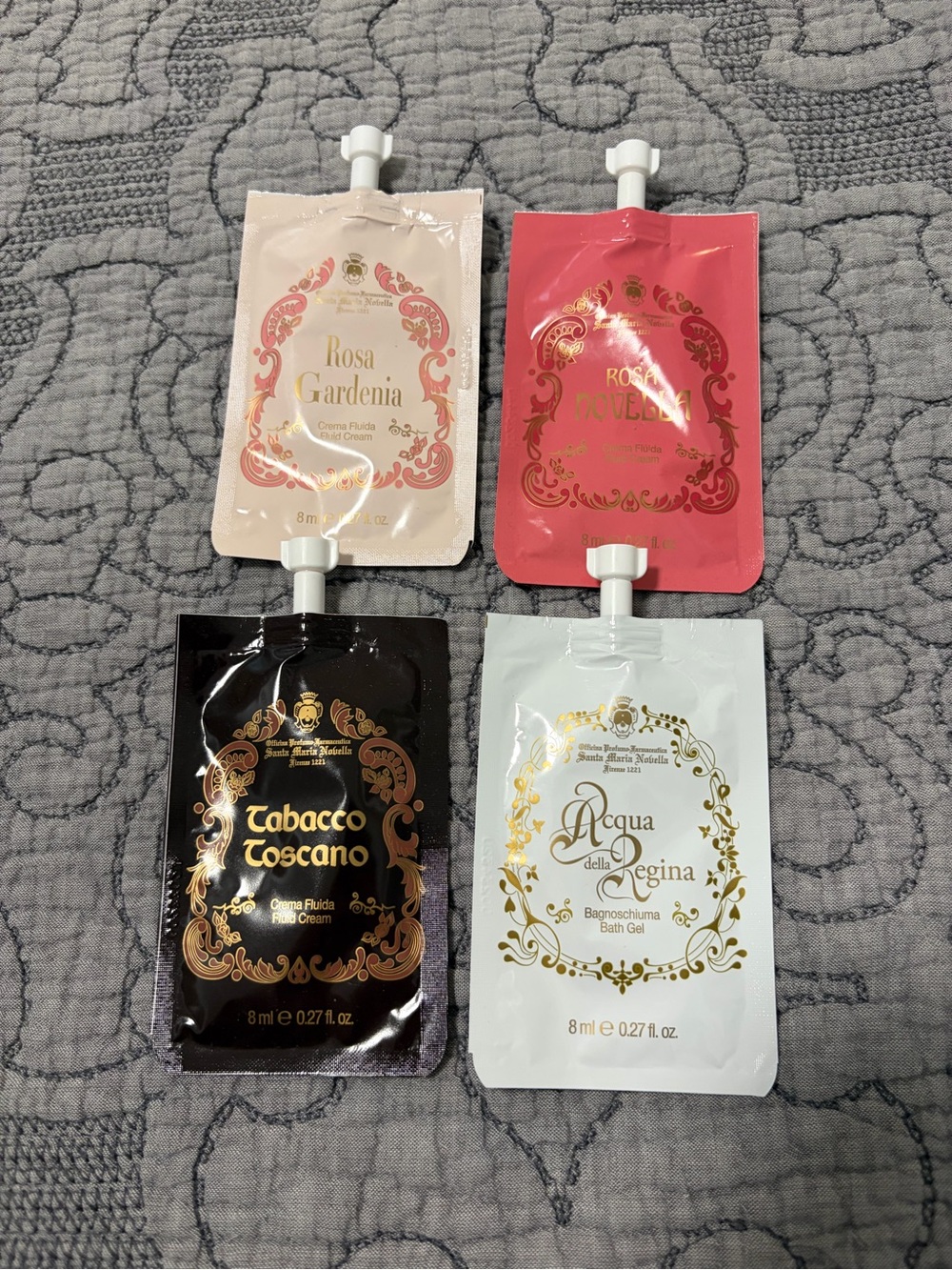NEW FOUR POUCHES Santa Maria Novella Body Cream & Bath Gel 8ml .27 floz